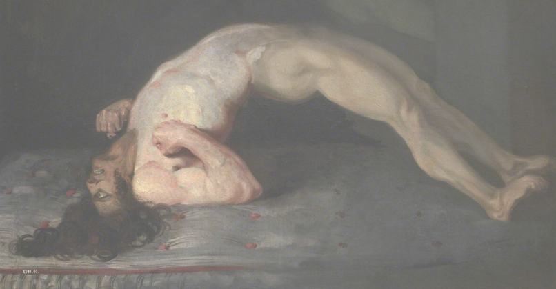 La peinture représente un homme sur un matelas blanc et rouge. Le corps de l'homme est arqué dans un U inversé, il s'appuie sur ses épaules d'un côté et ses talons de l'autre. Tout sont corps est tendu, contracté de souffrance. Il s'agit d'Opisthotonus, Tétanos suivant une blessure par arme à feu, huile sur toile réalisée par Charles Bell vers 1810.